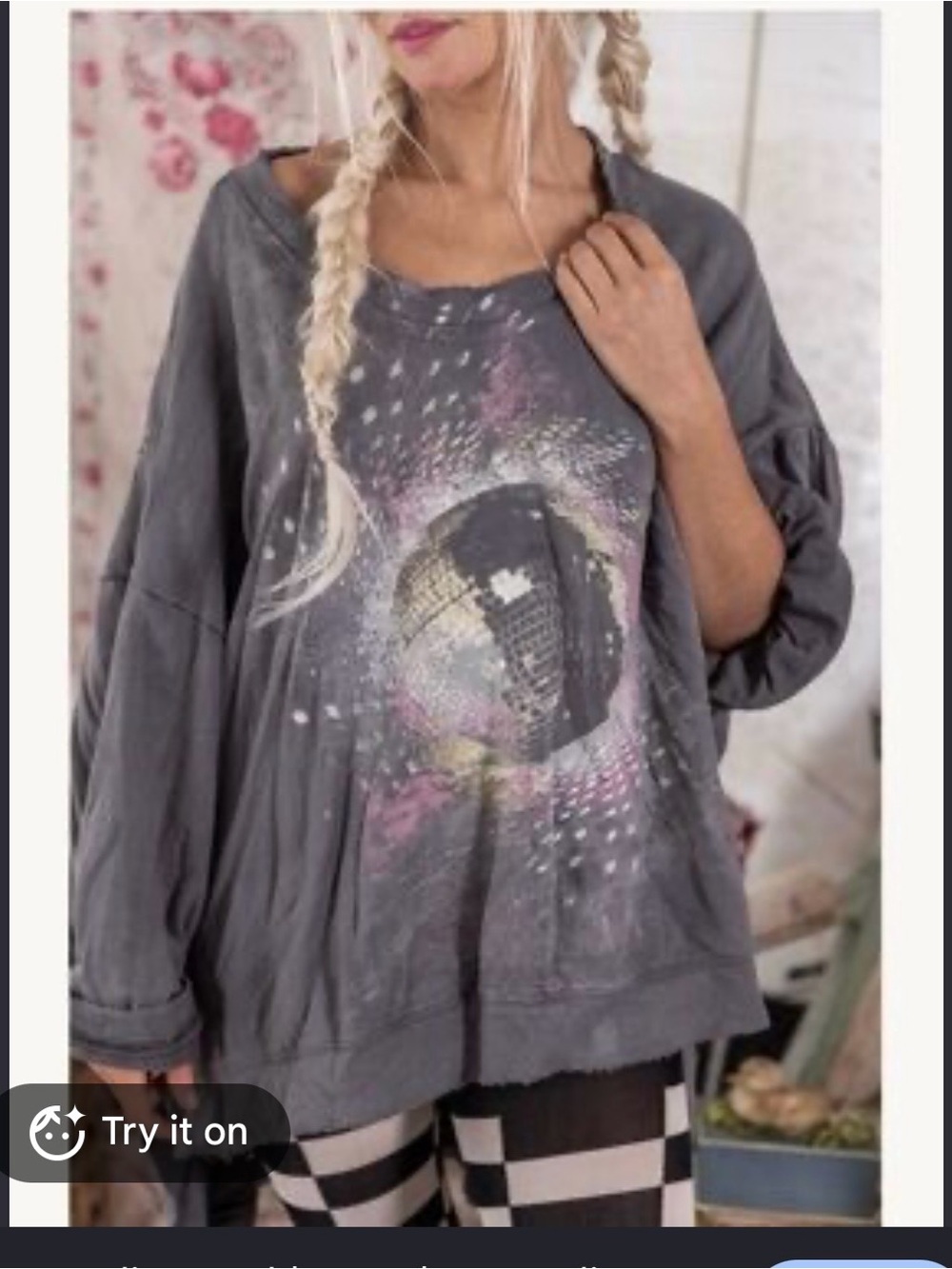 Magnolia Pearl Gray Oversized Graphic Disco Ball Sweatshirt